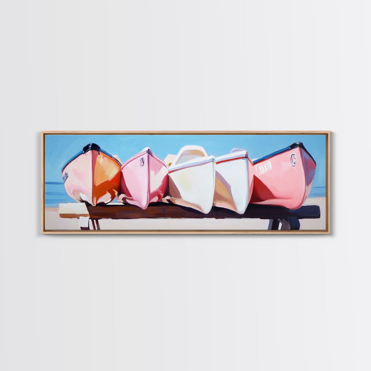 Vintage Boats, Coastal Decor, Nautical Wall Art, Framed Canvas Print, Beach House Art, Rustic Boathouse Painting, Minimalist Seaside Art