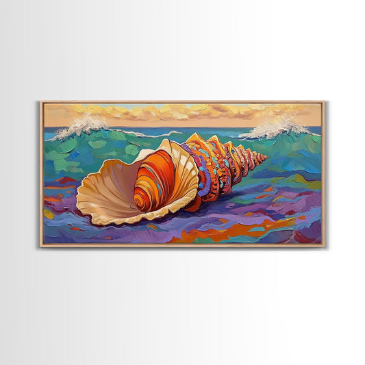 Seashell Ocean, Beach, Canvas Print, Nautical Bathroom Wall Art, Coastal Shell Decor, Vibrant Marine Painting, Seaside Home Style