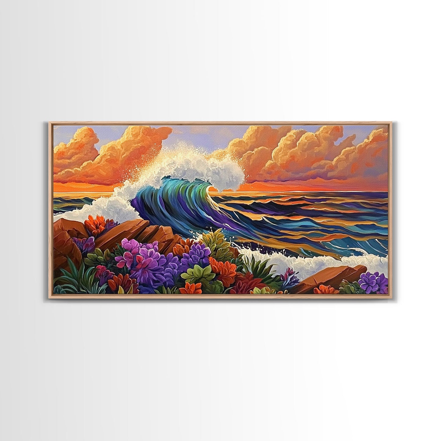 Ocean Wave, Flowers, Sunset, Framed Canvas Print, tropical seascape wall art, boho coastal decor, bathroomart, beach house piece