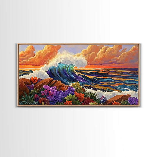 Ocean Wave, Flowers, Sunset, Framed Canvas Print, tropical seascape wall art, boho coastal decor, bathroomart, beach house piece