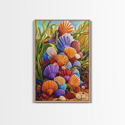 Rainbow Seashells, Coastal Treasures, Ocean Shell Art, Beach Decor, Framed Canvas Print, Bathroom Wall Art, Nautical Boho Art