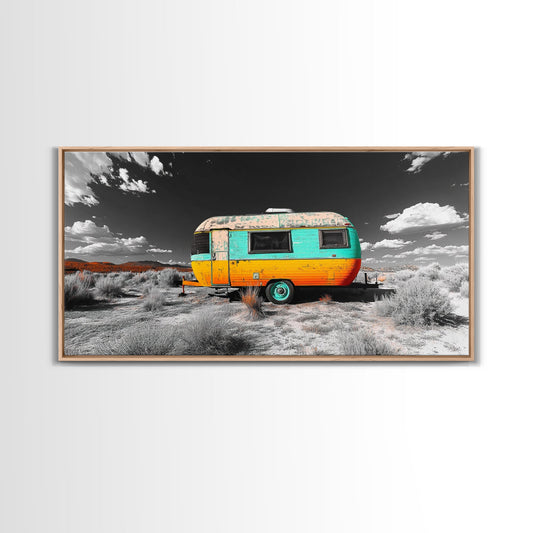 Vintage Camper, Desert Travel, Colorful Trailer, Nomad Style, Framed Canvas Print, Adventure Wall Art, RV Decor, Boho Office Style
