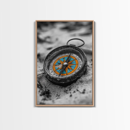 Vintage Compass, Sand Texture, Adventure Theme, Travel Decor, Framed Canvas Print, Boho Wall Art, Study Room Decor, Explorer Gift