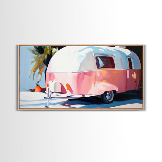 Vintage trailer, retro travel, coastal decor, framed canvas print, rustic art, minimalist art, boho art, light pink wall art
