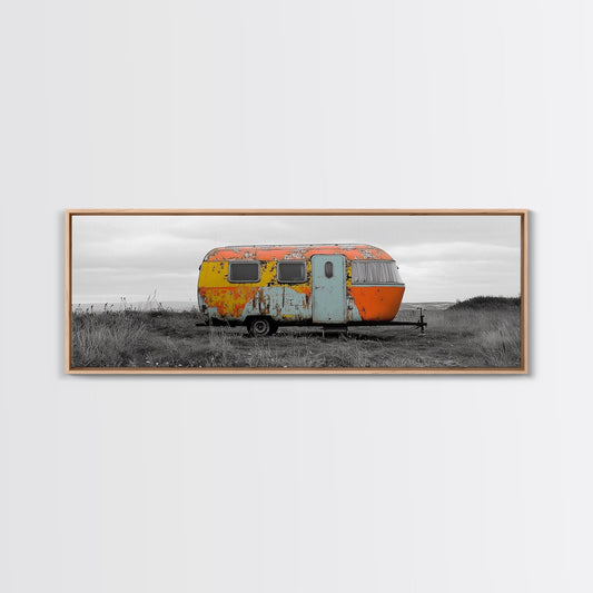 Vintage Camper, Rustic Wall Art, Retro Travel Art, Bohemian Decor, Wabi Sabi Art, Panoramic Art, Landscape Painting, Canvas Print