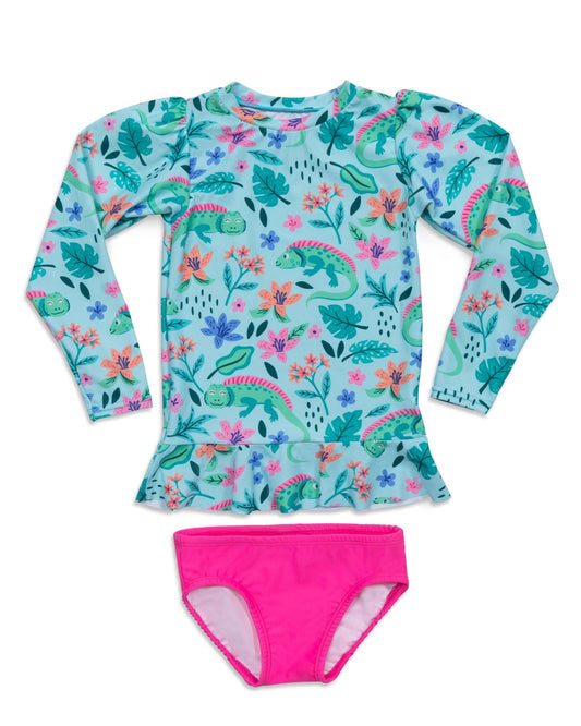 Tropical Iguanas Girls Long Sleeve Sun Shirt and Swim Bottom Set