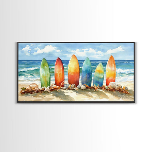 Colorful surfboards Christmas wall art, beach holiday decor, coastal Christmas art, framed canvas print, tropical Christmas art gift
