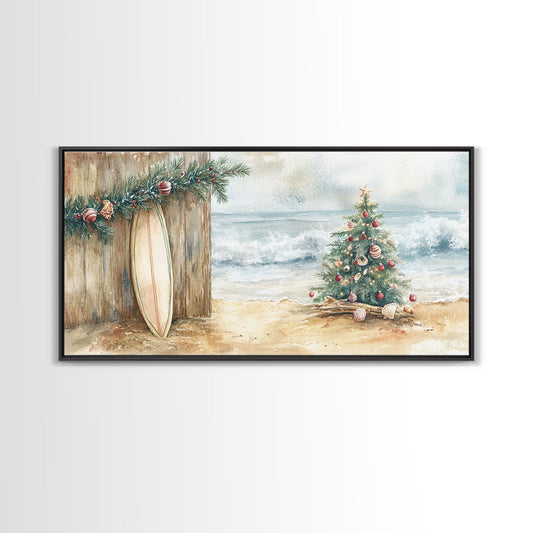 Christmas Tree On Sandy Beach With Surfboard Coastal Decor Framed Canvas Print, Beach Christmas Decor Wall Art