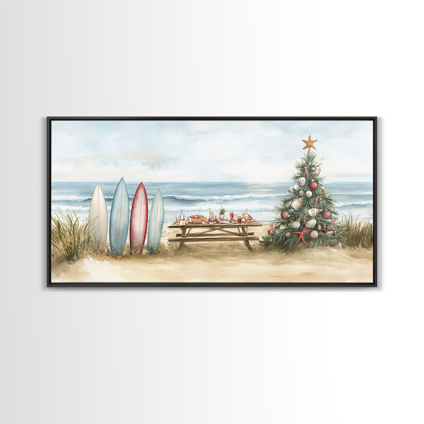 Surfboards and decorated tree on the beach, framed canvas print perfect coastal Christmas vacation decor holiday wall art