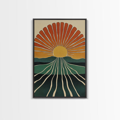 Minimalist Sunset or Sunrise Wall Art Canvas Print, Art Deco Boho Wall Decor, Modern Art, Sun Burst Wall Art