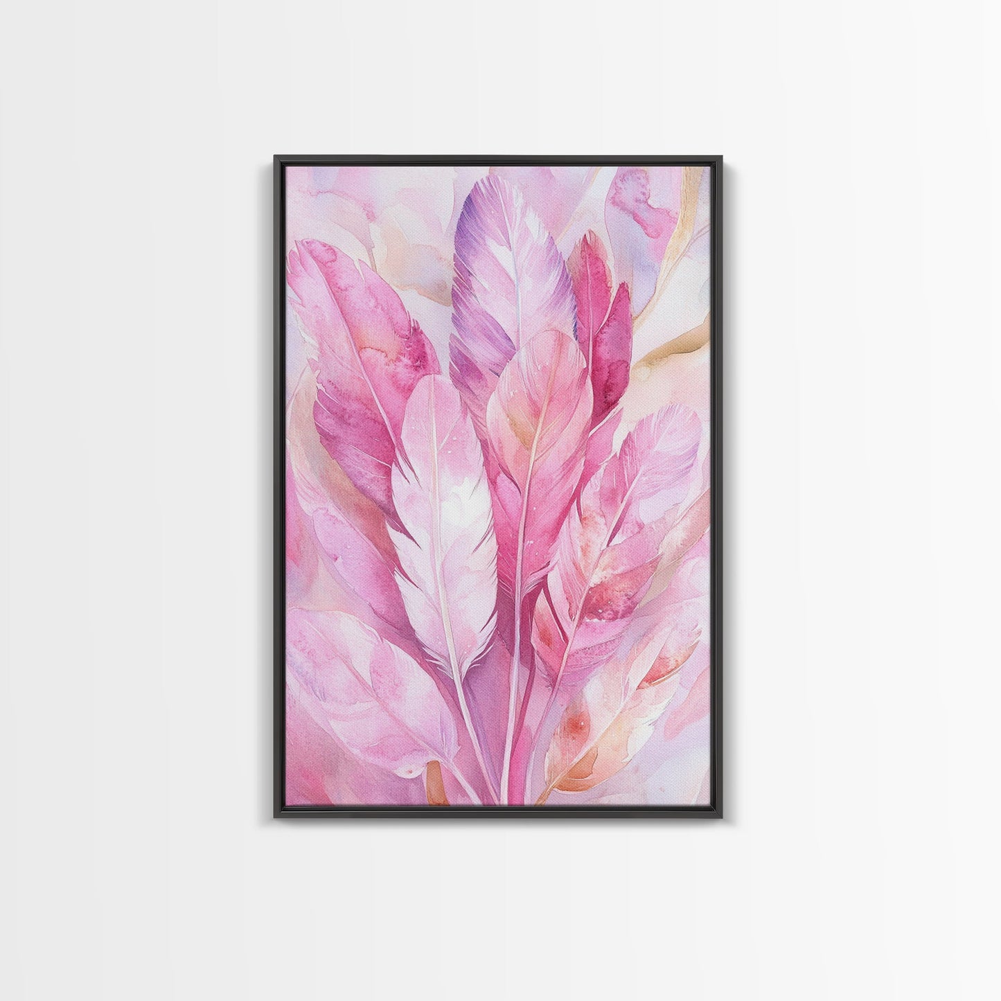Feather Bouquet Framed Canvas Print, Light Pink Wall Art, Boho Aesthetic Minimalist Art, Bedroom or Office Decor, Romantic Nature Gift Idea