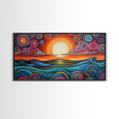 Sunset Waves, Canvas Print, surf wall art, geometric wall art, pink orange wall art, colorful abstract art, extra wide art, boho art