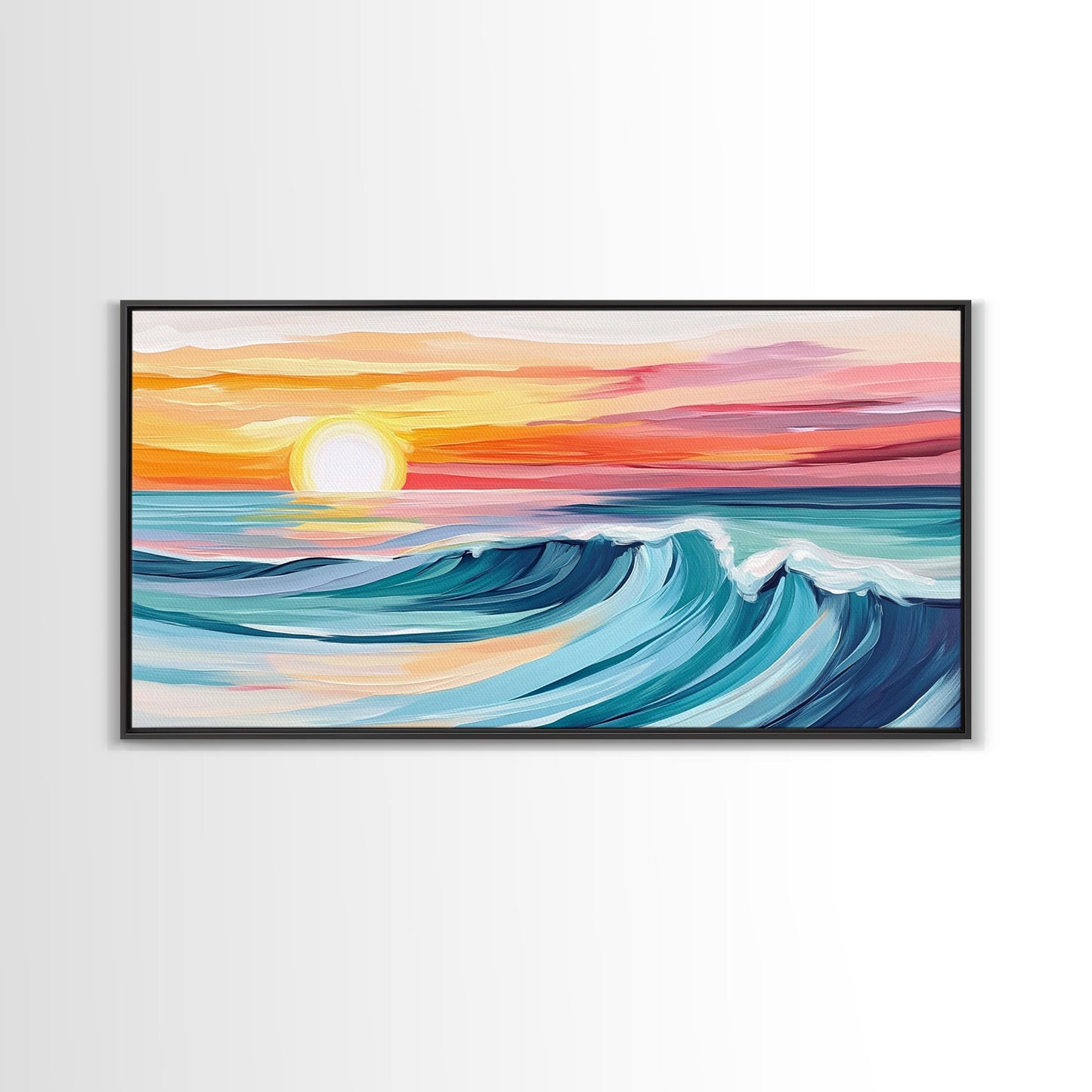 Sunset Wave, Surf Art, Coastal Painting, Nautical Wall Art, Ocean Art, Horizontal Wall Art, Framed Canvas Print, Beach Decor