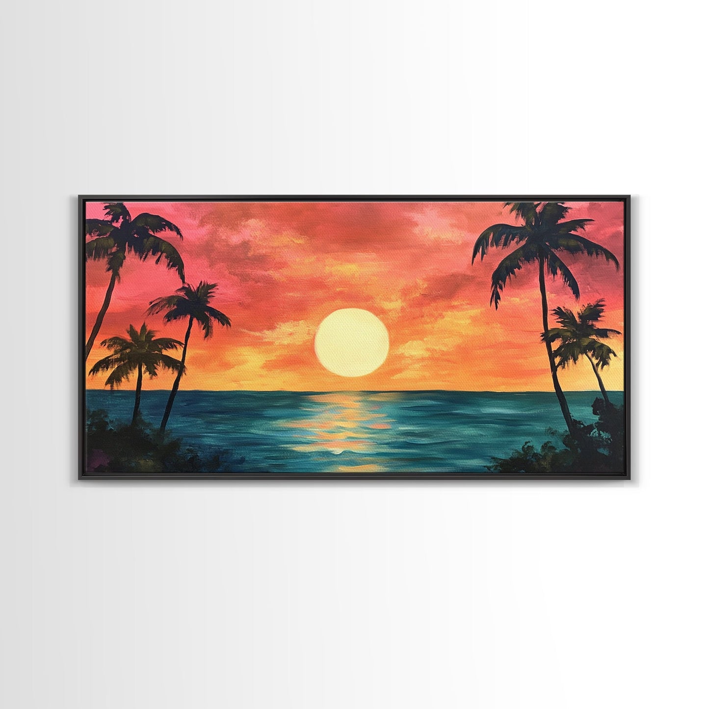 Tropical Sunset, Palm Tree Art, Coastal Cowgirl Wall Art, Hawaii Art, Ocean Landscape, Horizontal Wall Art, Framed Canvas Print
