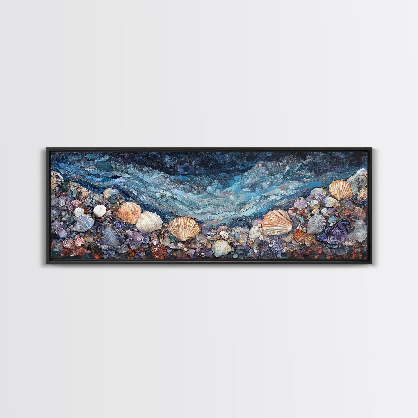 Seashell Beach Framed Canvas Print Coastal Wall Art, Ocean Inspired Artwork, Textured Nautical Painting, Tropical Home Decor