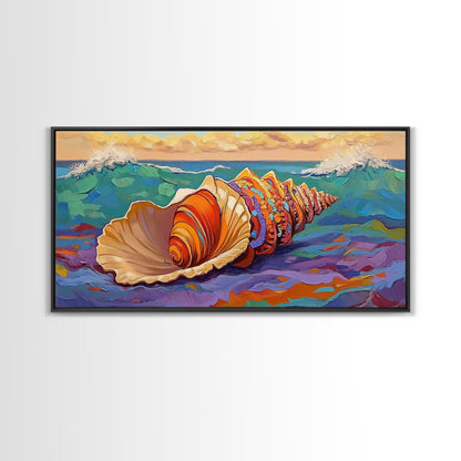 Seashell Ocean, Beach, Canvas Print, Nautical Bathroom Wall Art, Coastal Shell Decor, Vibrant Marine Painting, Seaside Home Style