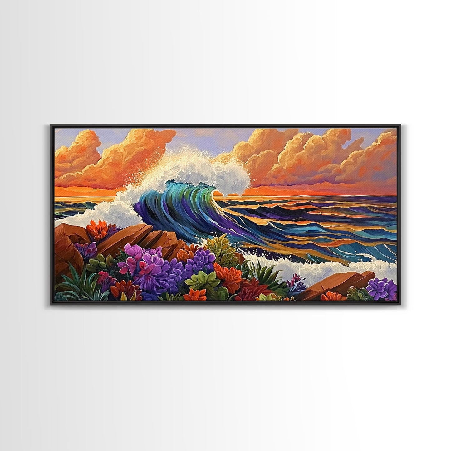 Ocean Wave, Flowers, Sunset, Framed Canvas Print, tropical seascape wall art, boho coastal decor, bathroomart, beach house piece