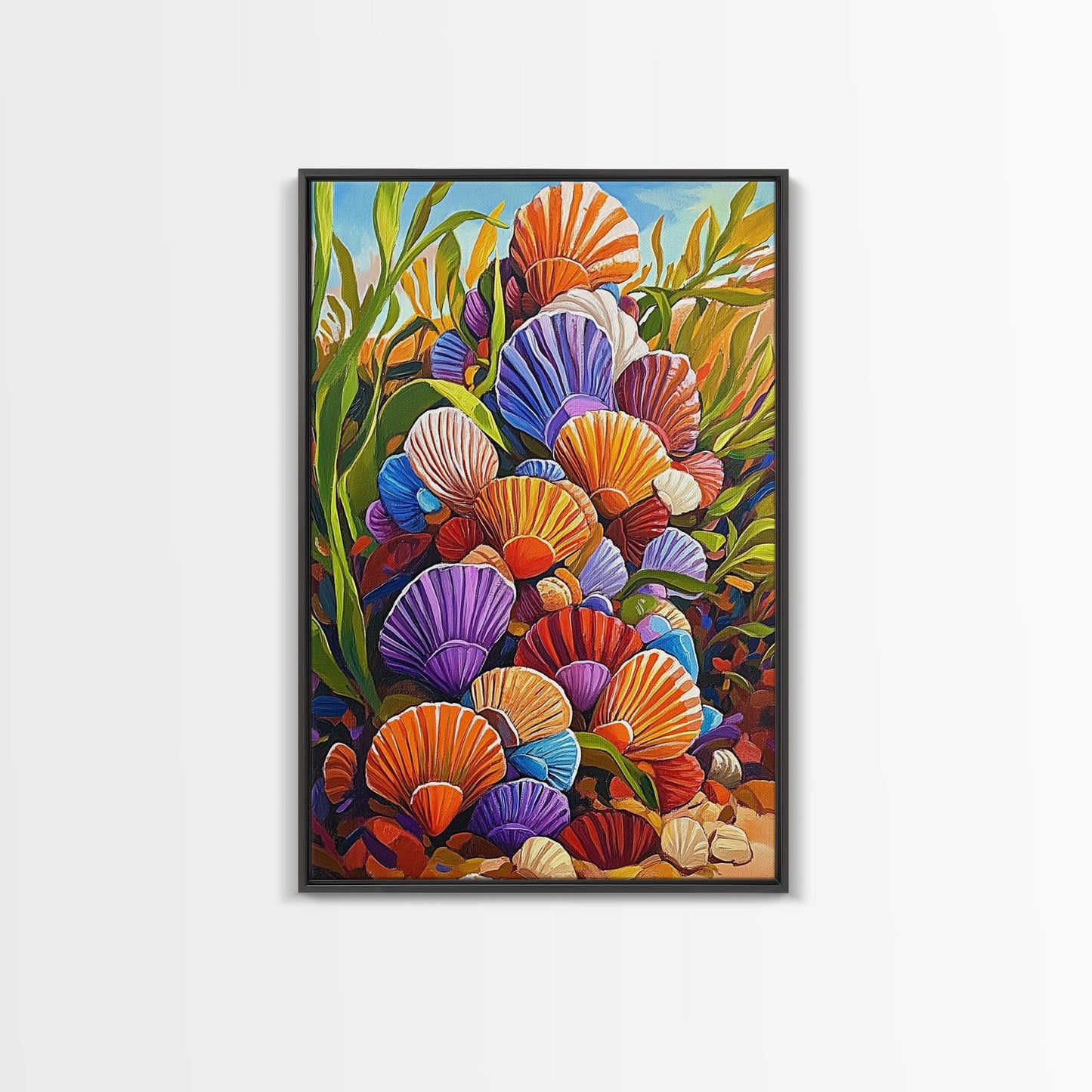Rainbow Seashells, Coastal Treasures, Ocean Shell Art, Beach Decor, Framed Canvas Print, Bathroom Wall Art, Nautical Boho Art