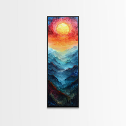 Majestic Sunrise Over Mountain Range Boho Sunset Landscape Framed Canvas Print Tall Art Japanese Style Art