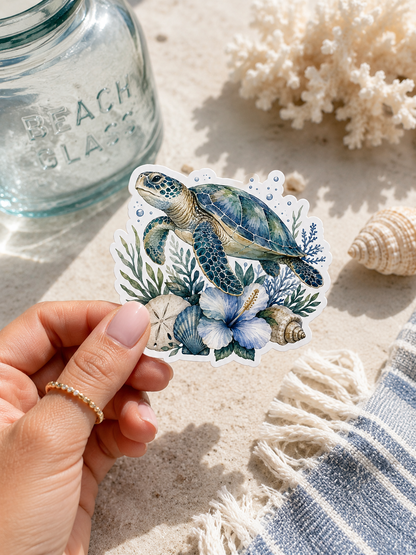 "COMING SOON" Coastal Sea Turtle Sticker | Ocean Floral Vinyl Decal | Wate