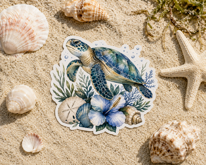 "COMING SOON" Coastal Sea Turtle Sticker | Ocean Floral Vinyl Decal | Wate
