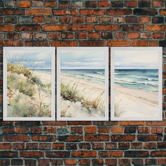 Abstract Coastal Painting Canvas Print Wall Art Vintage Beach Print Girly Apartment Decor Seascape Print, 3 Piece Wall Art, Boho Decor