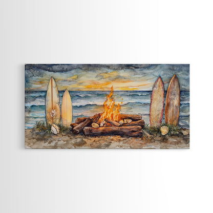 Surfboards And Bonfire On The Beach At Sunset, Tropical Coastal Wall Art, Beach Christmas Decor, Framed Canvas Print