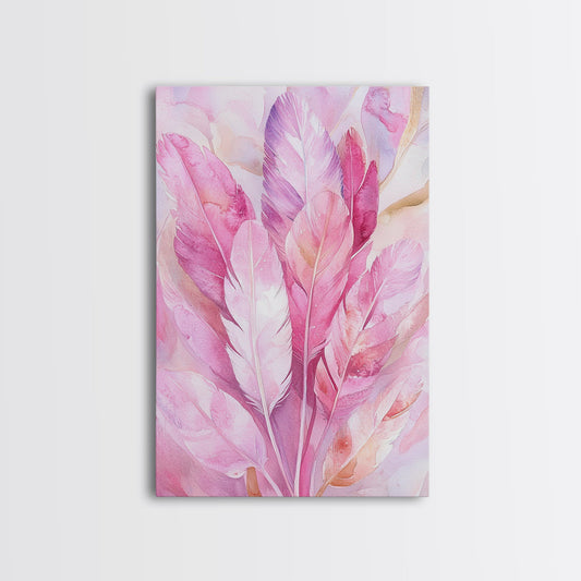 Feather Bouquet Framed Canvas Print, Light Pink Wall Art, Boho Aesthetic Minimalist Art, Bedroom or Office Decor, Romantic Nature Gift Idea