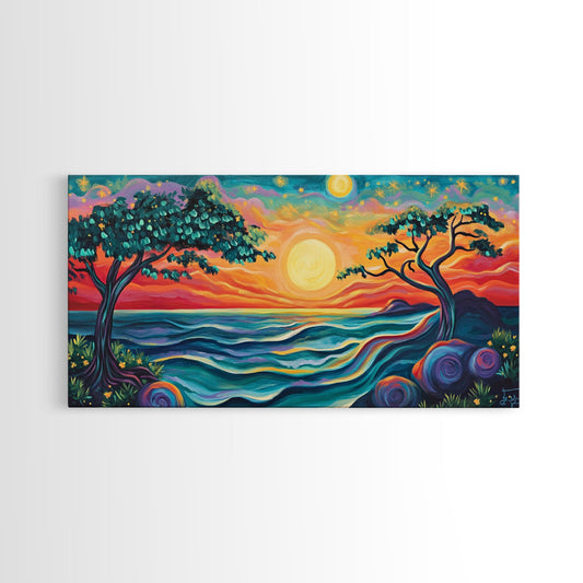 Vibrant Sunset, pink orange wall art, whimsical art, Hawaii art, colorful landscape painting, coastal decor, gift idea, Canvas Print