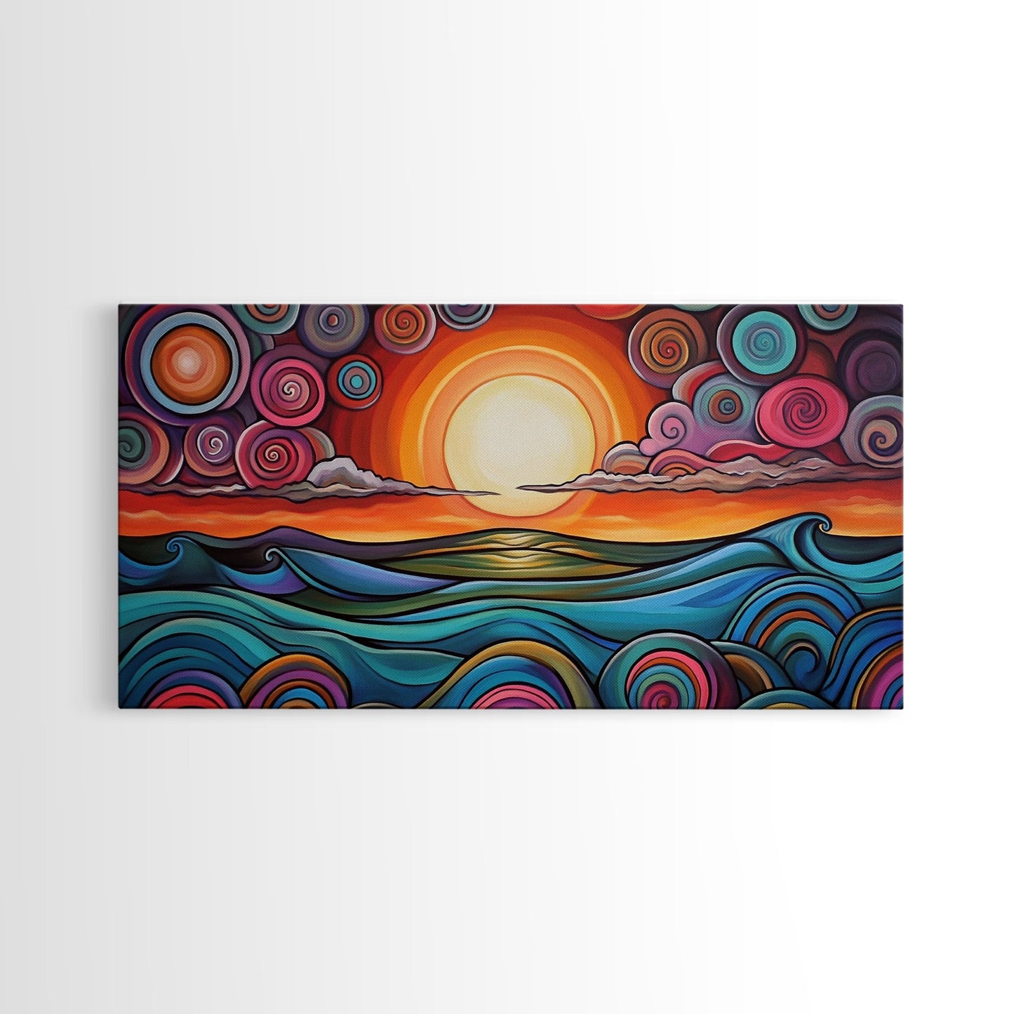 Sunset Waves, Canvas Print, surf wall art, geometric wall art, pink orange wall art, colorful abstract art, extra wide art, boho art
