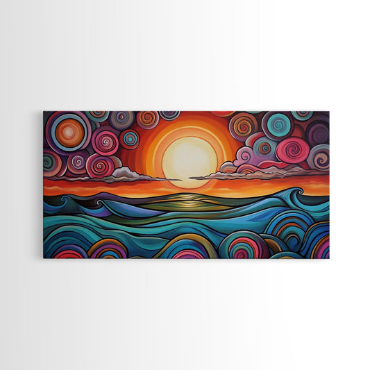 Sunset Waves, Canvas Print, surf wall art, geometric wall art, pink orange wall art, colorful abstract art, extra wide art, boho art