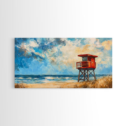 Lifeguard Tower, coastal landscape art, beach painting, seascape painting, nautical wall art, canvas print, horizontal wall art