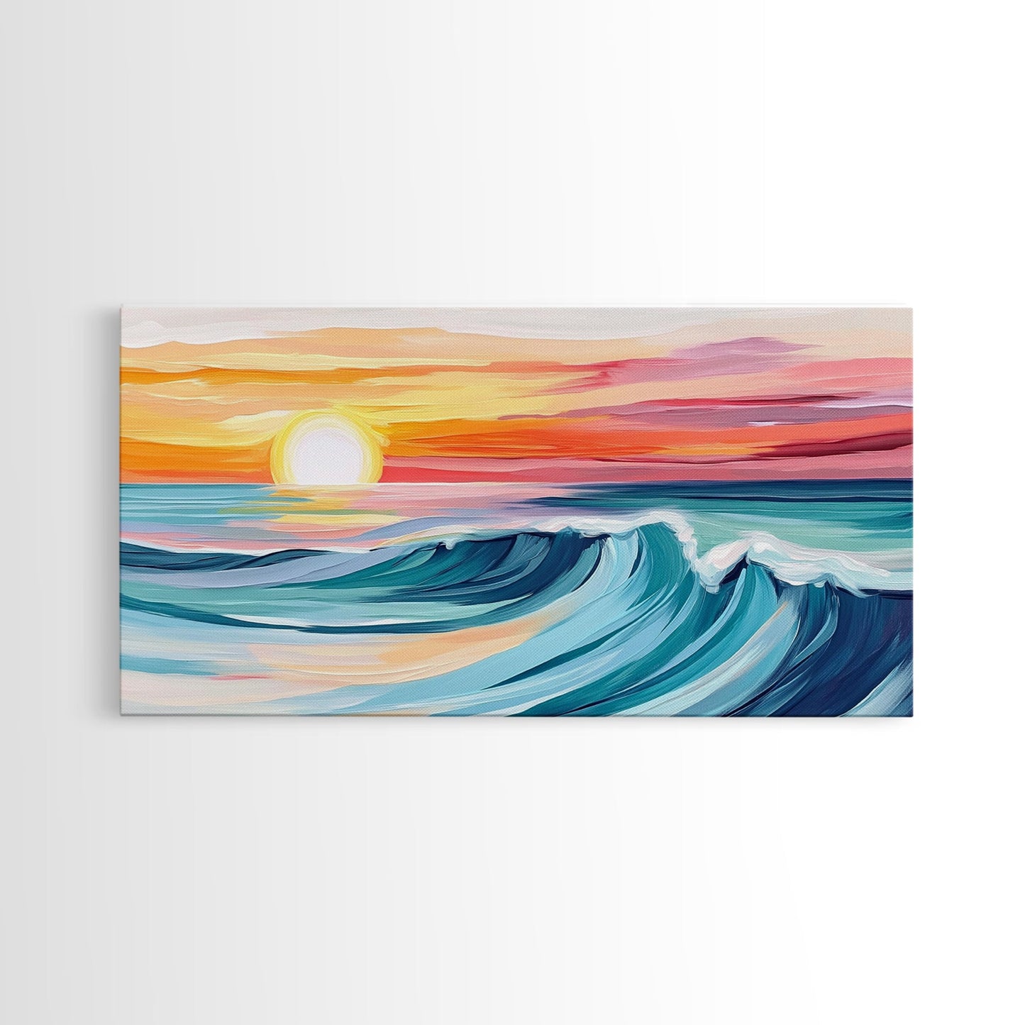 Sunset Wave, Surf Art, Coastal Painting, Nautical Wall Art, Ocean Art, Horizontal Wall Art, Framed Canvas Print, Beach Decor