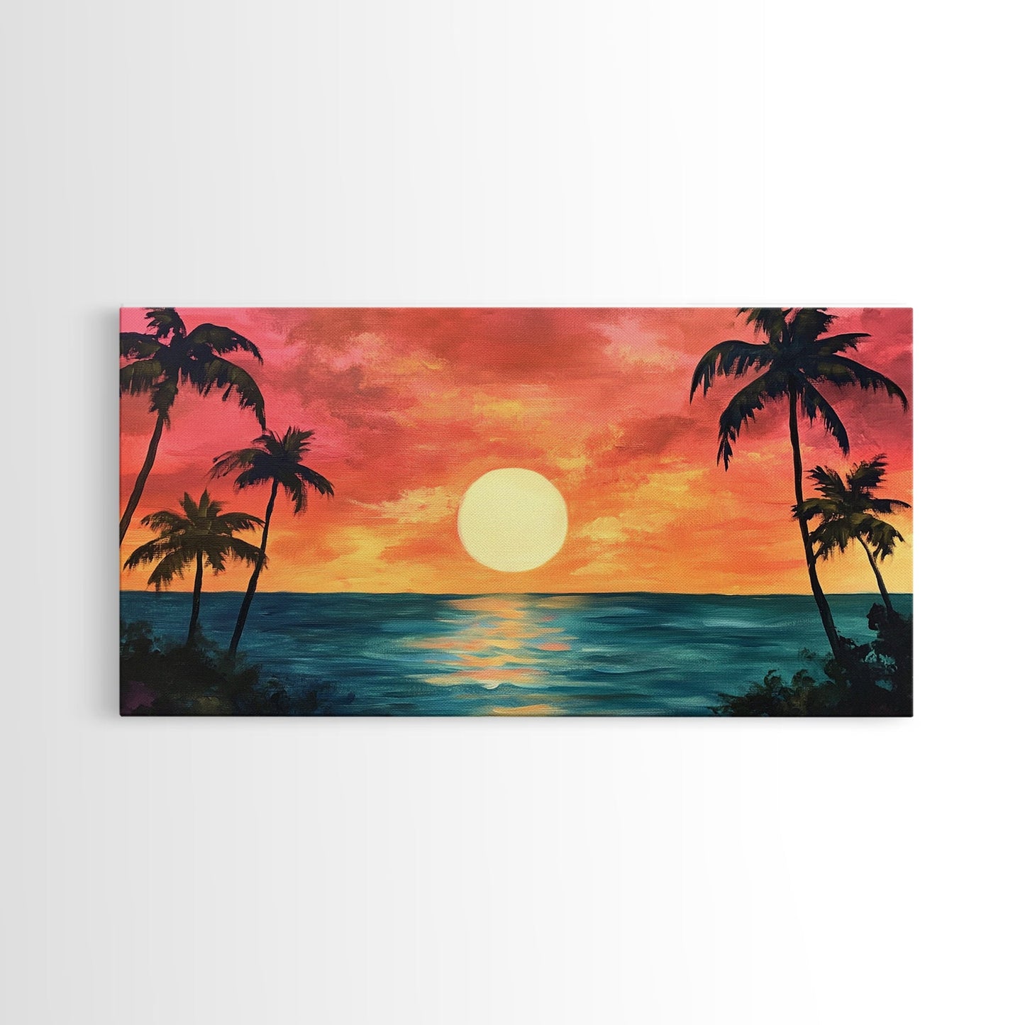 Tropical Sunset, Palm Tree Art, Coastal Cowgirl Wall Art, Hawaii Art, Ocean Landscape, Horizontal Wall Art, Framed Canvas Print