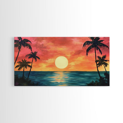 Tropical Sunset, Palm Tree Art, Coastal Cowgirl Wall Art, Hawaii Art, Ocean Landscape, Horizontal Wall Art, Framed Canvas Print