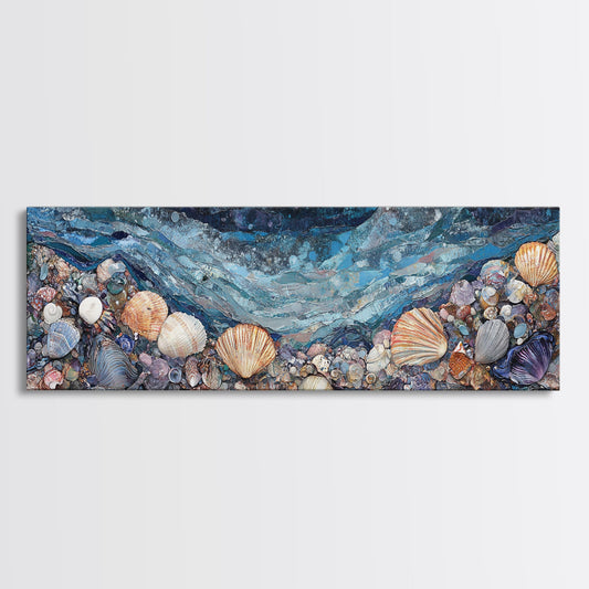Seashell Beach Framed Canvas Print Coastal Wall Art, Ocean Inspired Artwork, Textured Nautical Painting, Tropical Home Decor