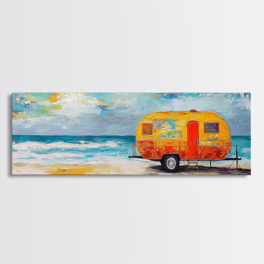 Vintage Camper Beach Canvas Print Retro Coastal Trailer Painting, Boho Wall Art, Travel Theme Decor, Colorful Summer Artwork