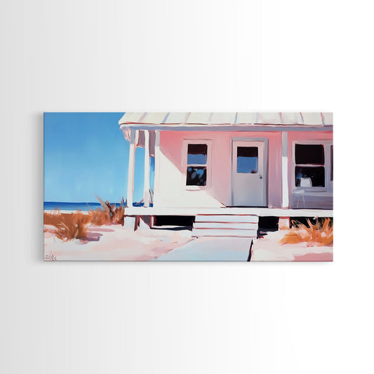 Beach House, Coastal Cottage, Seaside Retreat, Nautical Architecture, Pastel Aesthetic, Minimalist Home Decor, Bedroom Wall Art
