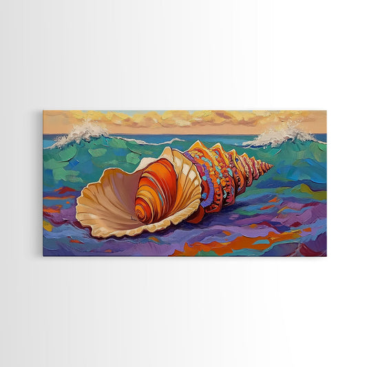 Seashell Ocean, Beach, Canvas Print, Nautical Bathroom Wall Art, Coastal Shell Decor, Vibrant Marine Painting, Seaside Home Style