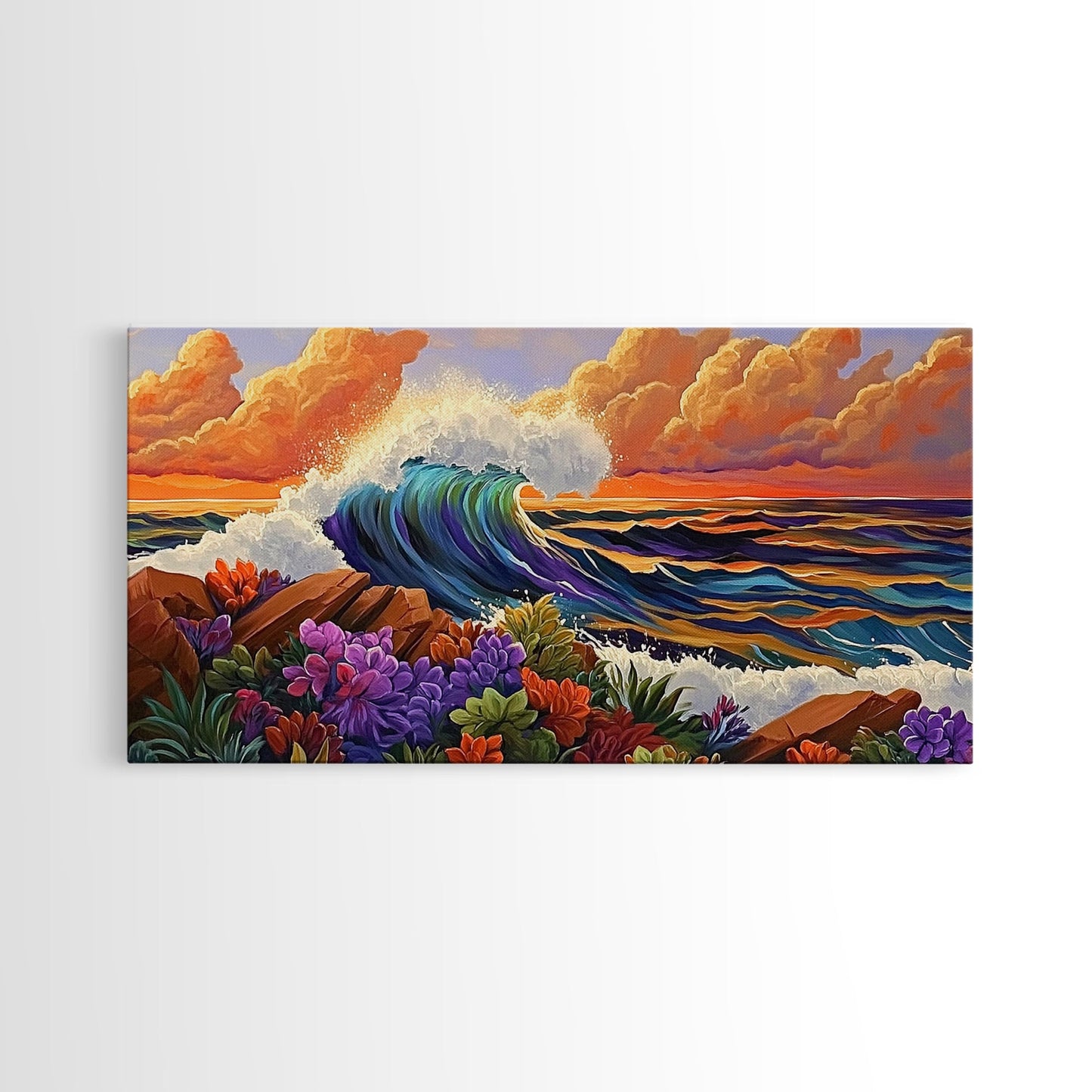 Ocean Wave, Flowers, Sunset, Framed Canvas Print, tropical seascape wall art, boho coastal decor, bathroomart, beach house piece