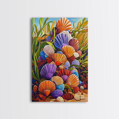 Rainbow Seashells, Coastal Treasures, Ocean Shell Art, Beach Decor, Framed Canvas Print, Bathroom Wall Art, Nautical Boho Art