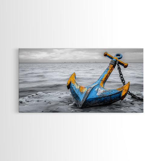 Nautical Anchor, Coastal Wall Art, Bold Color Pop, Industrial Style, Framed Canvas Print, Beach House Decor, Blue Yellow Anchor Scene