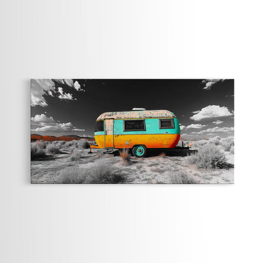Vintage Camper, Desert Travel, Colorful Trailer, Nomad Style, Framed Canvas Print, Adventure Wall Art, RV Decor, Boho Office Style