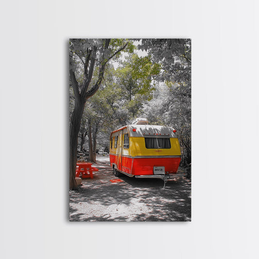 Retro Camper Van, Forest Escape, Travel Wall Art, Framed Canvas Print, Vintage RV Art, Nature Adventure Decor, Fall Vibes