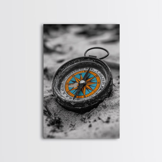 Vintage Compass, Sand Texture, Adventure Theme, Travel Decor, Framed Canvas Print, Boho Wall Art, Study Room Decor, Explorer Gift