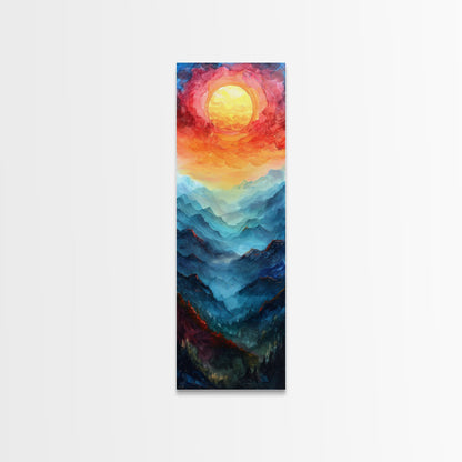 Majestic Sunrise Over Mountain Range Boho Sunset Landscape Framed Canvas Print Tall Art Japanese Style Art