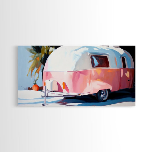 Vintage trailer, retro travel, coastal decor, framed canvas print, rustic art, minimalist art, boho art, light pink wall art