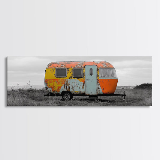Vintage Camper, Rustic Wall Art, Retro Travel Art, Bohemian Decor, Wabi Sabi Art, Panoramic Art, Landscape Painting, Canvas Print