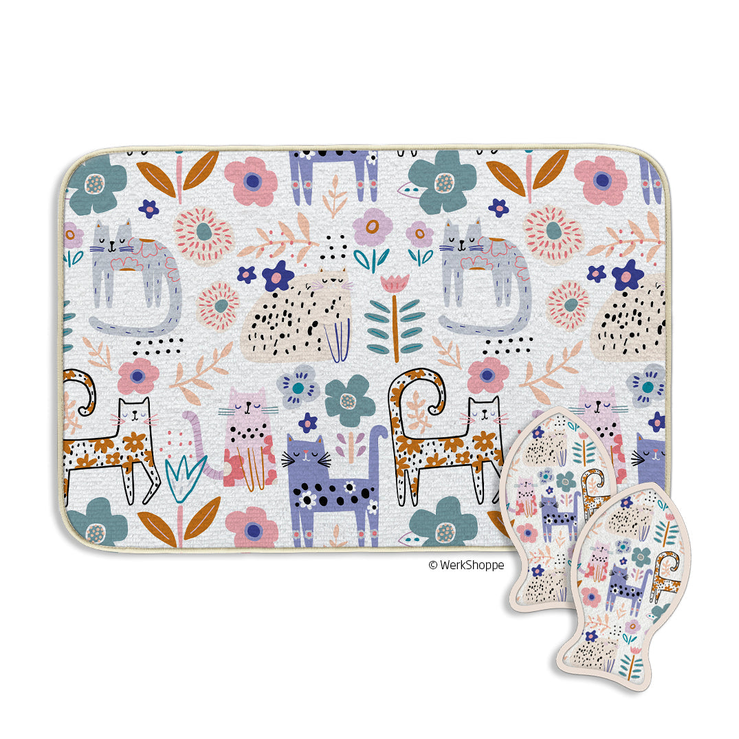 Floral Cat Bowl Mat & Scrubbie Set