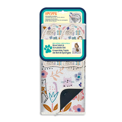 Floral Cat Bowl Mat & Scrubbie Set